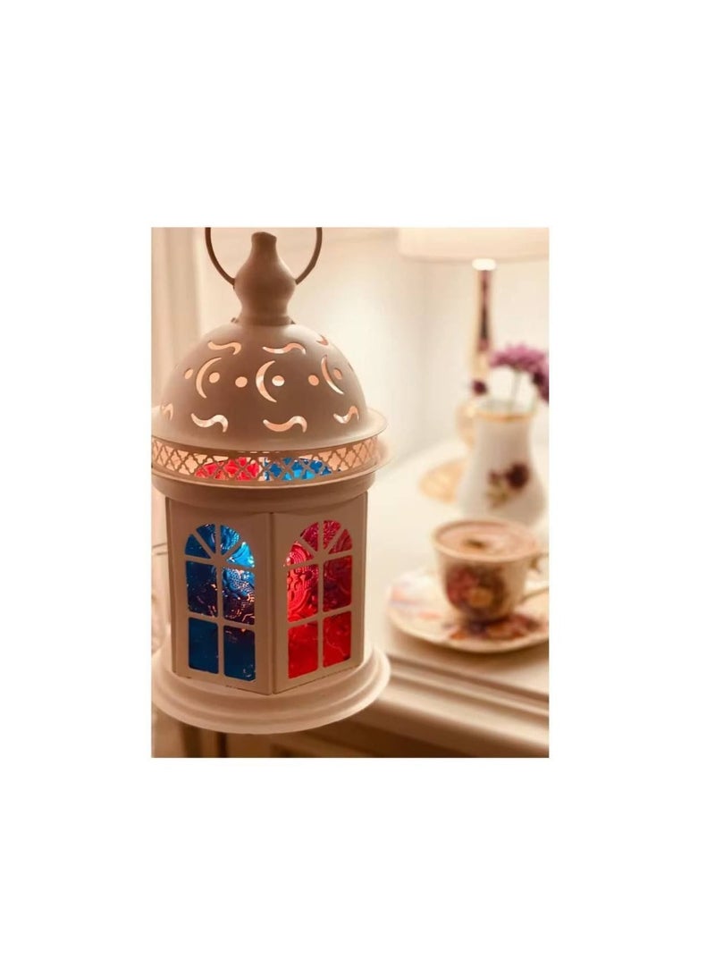 Metal Ramadan Lantern  Round white color, candle holder, lantern with colored glass. Size: 20 cm - Image 2